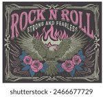 Strong and fearless. Rose flower. Eagle rock and roll. Music festival poster. Music world tour artwork. Wild and free. Rock and roll vector t-shirt design. Fire with eagle artwork.