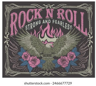 Strong and fearless. Rose flower. Eagle rock and roll. Music festival poster. Music world tour artwork. Wild and free. Rock and roll vector t-shirt design. Fire with eagle artwork.