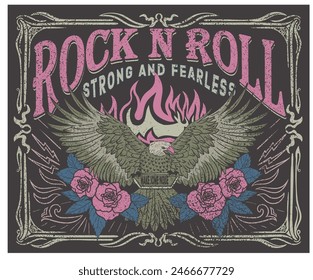 Fuerte e intrépido. Flor de rosa. Águila rock and roll. Afiche del festival de música. Música del mundo de la obra de arte. Salvaje y libre. Diseño de camiseta de Vector de Rock y rollo. Fuego con ilustraciones de águila.