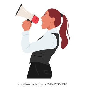 Strong Female Business Leader Character Uses A Megaphone To Make An Announcement. Cartoon Vector Illustration Captures Empowerment, Leadership, And Effective Communication In A Business Setting