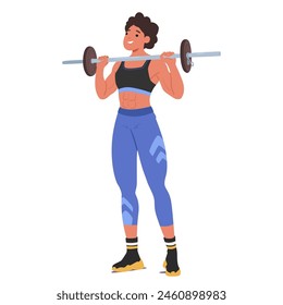 Strong Female Character Athlete With A Well-defined Physique Lifting A Barbell, Emphasizing Strength And Fitness. Fit Athletic Woman In Black Sports Bra And Blue Leggings. Cartoon Vector Illustration