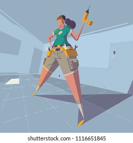 Strong female character holding a drill in her hand, vector background
