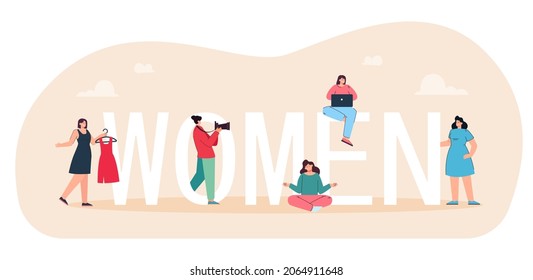 Strong female characters standing together near huge letters of word Women. Group of feminists showing power and independence flat vector illustration. Sisterhood, equality of gender rights concept