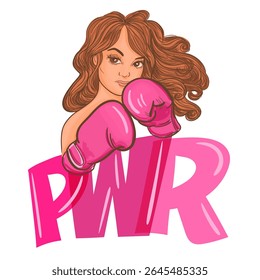 Strong female fighter in pink boxing gloves