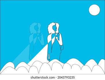 Strong female figure above the clouds with lofty goals and vision. Successful female manager, employee, teacher. Women's design with career goals