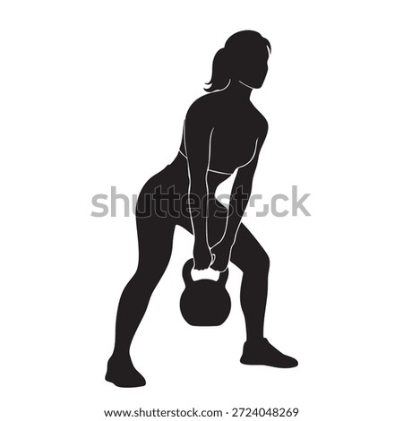A strong female figure is captured in a dynamic kettlebell lift, notable for its bold silhouette.