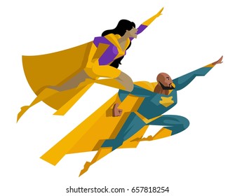 strong female and male superhero flying up