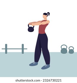 Strong female performing exercises, holding kettle bell. Concept of regular physical activity. Joining healthy lifestyle. Time for morning training. Vector illustration in blue colors