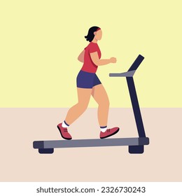Strong female performing workout on treadmill. Time for cardio exercises in gym. Morning workout to loss weight. Active and healthy lifestyle. Vector flat illustration in blue and yellow colors