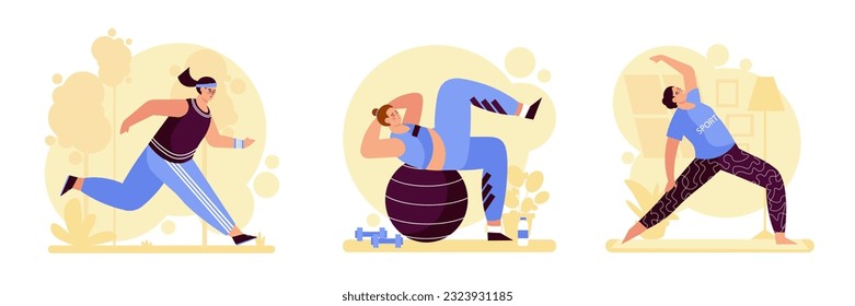 Strong female running outside. Female training with fitness ball. Lady doing yoga exercise. Morning training time. Concept of doing workout. Vector flat illustration in blue and yellow colors