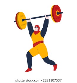 Strong female weightlifter lifting barbell. Muslim woman powerlifter holding weights. Heavy athlete performing exercises in sport training. Vector flat illustration