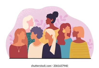 Strong Females Concept. Group Of Girls With Proud Look. Pride, Unity, Tolerance, Feminism. Businesswoman, Union Of Female, Crowd. Cartoon Flat Vector Illustration Isolated On White Background