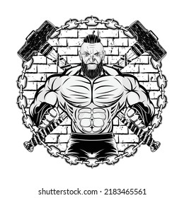 Strong fighter in a cage. Urban Viking. Street warrior. Combat champion. Illustrations for t shirt print. Set of hand drawn sport logos, badges, labels. Sports poster. Black tattoo.