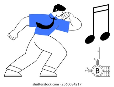 A strong figure in a blue shirt and tie moves energetically, with a musical note and a Bitcoin symbol nearby. Ideal for technology, cryptocurrency, finance, music, and modern art. Contemporary vector