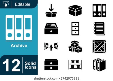 Strong filled archive icons presenting document filing, storage boxes, binders, cabinets and inventory management visuals perfect for corporate administration and logistics materials.