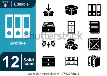 Strong filled archive icons presenting document filing, storage boxes, binders, cabinets and inventory management visuals perfect for corporate administration and logistics materials.