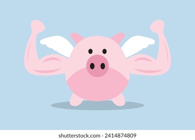 Strong financial health, pink piggy bank with muscle arms and flying wings prepared to battle for trade benefit.