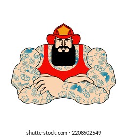 Strong Firefighter with beard and tattoos. Vector illustration