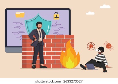 Firewall forte e especialista em segurança cibernética defendendo o sistema de computador contra ataques de malware e hackers, simbolizando uma proteção digital robusta.