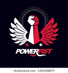Strong fist of an active sportsman vector symbol created using eagle wings and stars. Fighting club abstract emblem.