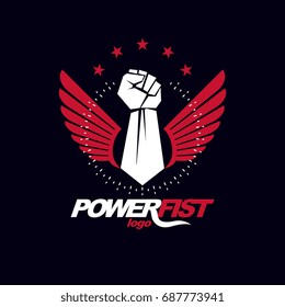 Strong fist of an active sportsman vector symbol created using eagle wings and stars. Fighting club abstract emblem.