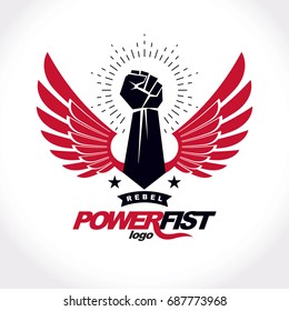 Strong fist of an active sportsman vector symbol created using eagle wings and stars. Fighting club abstract emblem.