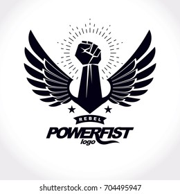 Strong fist of an active sportsman vector symbol created using eagle wings and stars. Fighting club abstract emblem.
