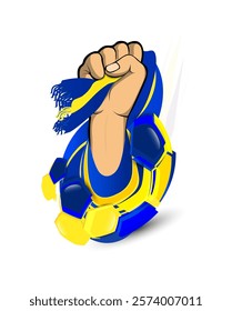 A strong fist holding a blue and yellow scarf emerging from a football. This energetic illustration symbolizes cheering, passion, and unwavering love for the team