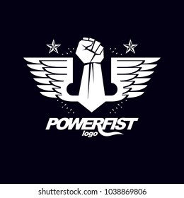 Strong fist of a muscular man vector illustration. Best fighter vector symbol, triumph concept.