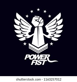 Strong fist of a muscular man vector illustration. Best fighter vector symbol, triumph concept.