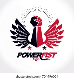 Strong fist of a muscular man vector illustration. Best fighter vector symbol, triumph concept.