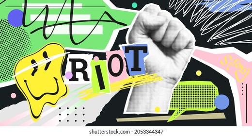 Strong fist raised up in halftone shape. Vector collage in contemporary punk grunge style . Modern poster with dotted elements, brush strokes, urban magazine pattern. Concept of human rights fight.