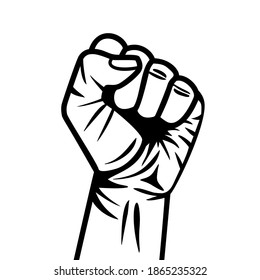 Strong fist raised up. Hand drawn graphic vector illustration of human arm with clenched fingers. Concept of protest, equality, fight for human rights, stop racism