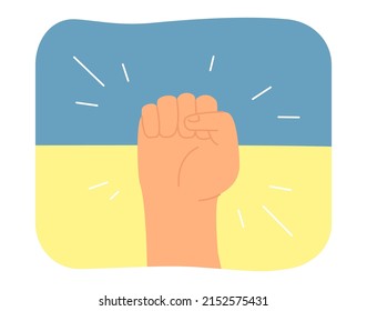 Strong fist raising in victory of Ukraine. Ukrainian person standing for freedom and independence flat vector illustration. War, solidarity concept for banner, website design or landing web page