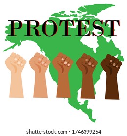 Strong fists of different skin tones vector illustration isolated on white background. Silhouettes of America in green. Hand fist icon. Fist sign.