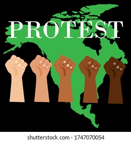 Strong fists of different skin tones vector illustration isolated on black background. Silhouettes of America in green. Hand fist icon. Fist sign.