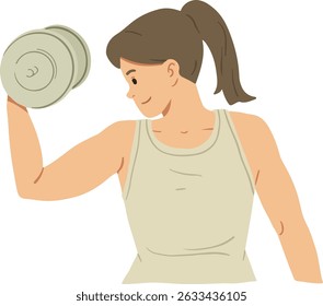 Strong, fit woman performs bicep curls with a dumbbell, demonstrating strength and dedication to fitness. Ideal for health, exercise, and active lifestyle themes.