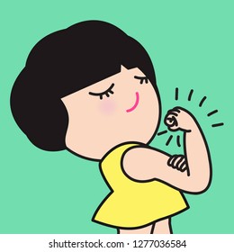 Strong Fitness Confident Woman Showing Biceps Muscles Strength. Fit Girl Or Fitness Model Isolated On Green Background Concept Card Character illustration