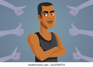 Strong Fitness Man Receiving Appreciation Vector Cartoon Illustration. Handsome sportsman receiving praise and likes 
