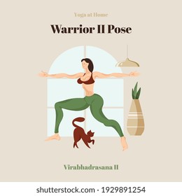 The strong fitness woman in the Warrior II Pose Virabhadrasana II. Yoga at Home illustration is an easily editable vector and suitable for your landing page, website design, app, banner, flyer, poster