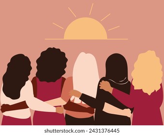 Strong Five women of different ethnicities and cultures stand side by side together while watching the sunrise. Group of brave girls support each other's goal. Women empowerment and gender equality.