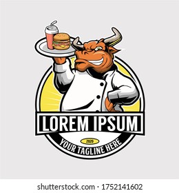 Strong and friendly Chef bull animal cartoon character with Burger vector logo template