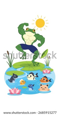 Strong frog flexing muscles over a pond with fish and cats.
