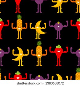 Strong fruit pattern seamless. Fresh fruits background. Powerful banana and strawberry. Ananance and mangosteen. Childrens cloth texture
