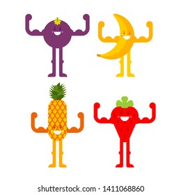 Strong fruit set. Powerful Strawberry and pomegranate. Pineapple and mangosteen. Banana. Healthy food. Vector cartoon illustration