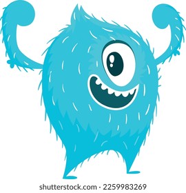 Strong funny monster. Blue fluffy fur character