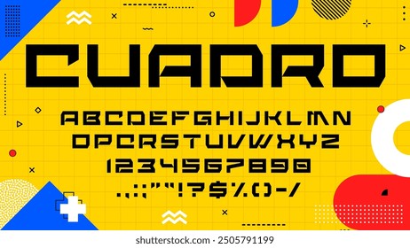 Strong futuristic type, square sport font, techno English alphabet, abstract italic typeface, numbers and punctuation marks for modern and sporty designs. Vector black characters and Memphis elements