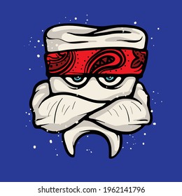 Strong gangster tooth character. Tooth mascot with big muscle vector drawing