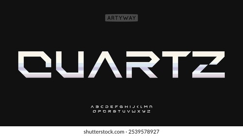 Strong geometric font, polished metallic letters with sharp beveled edges and cutouts. Futuristic industrial alphabet for logo, headline and branding. Vector typeset.