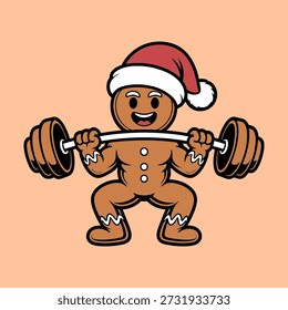 Strong Gingerbread Man Lifting Weights Christmas Illustration